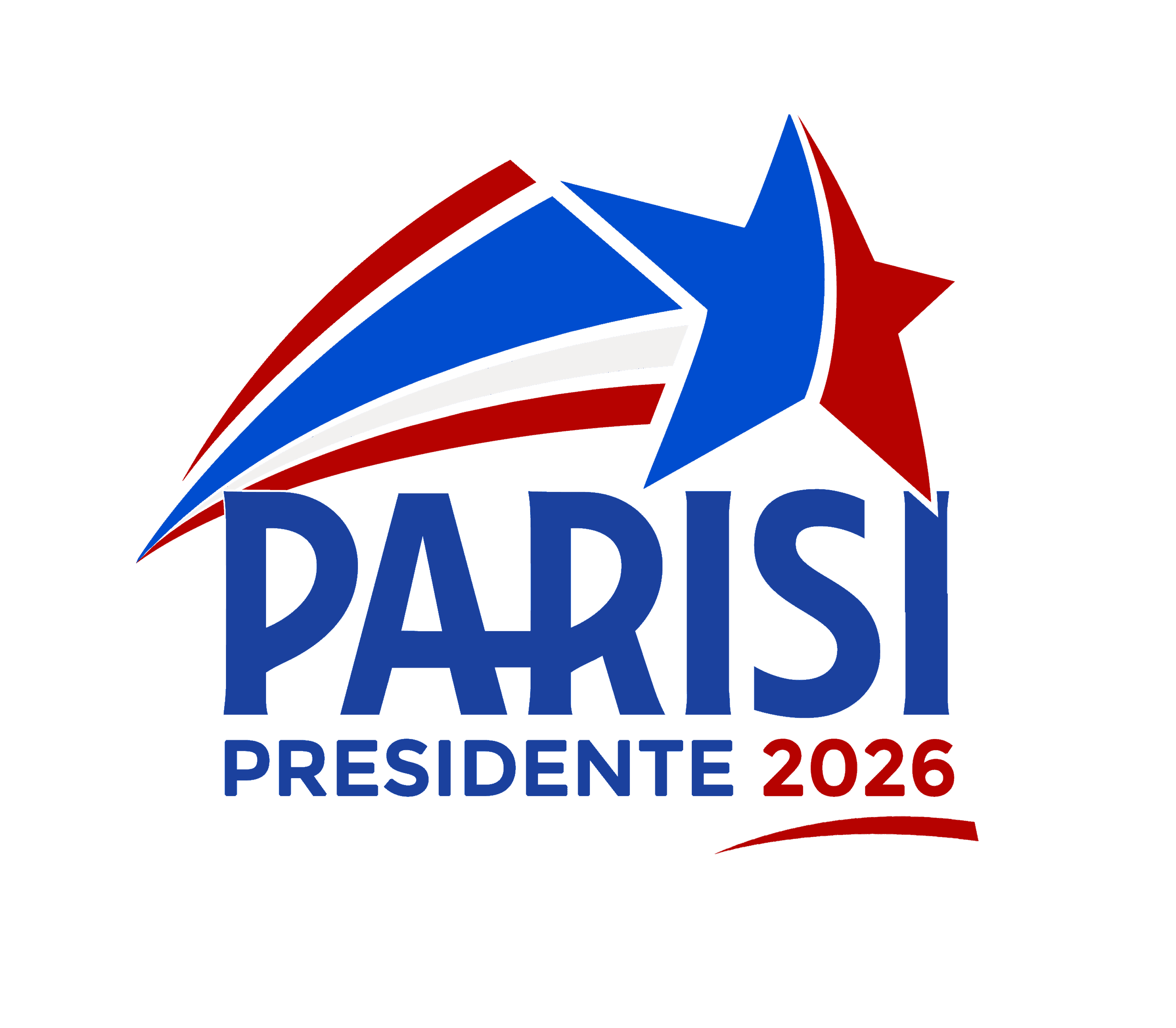 Logotyp för Parisi Presidente 2026. Namnet 'PARISI' i stora blå bokstäver med en röd och blå stjärna ovanför. Texten 'PRESIDENTE 2026' står under namnet.