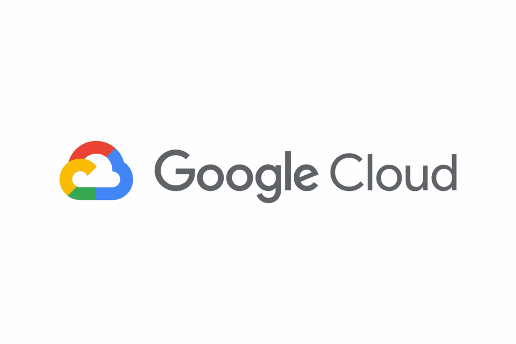 Google Clouds logotyp. Ett färgglatt moln i gult, rött, blått och grönt bredvid texten 'Google Cloud' i grå bokstäver på en mörkgrön bakgrund.
