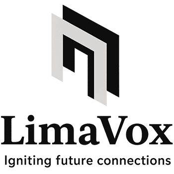 Limavox logotyp. En stiliserad, geometrisk figur i svart och grått ovanför texten 'Limavox' och deras slogan 'Igniting future connections'.