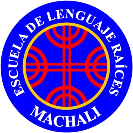 Logotyp för Escuela de Lenguaje Raíces Machali. En blå cirkulär logga med ett gult inre och ett rött geometriskt mönster i mitten. Texten 'ESCUELA DE LENGUAJE RAÍCES MACHALI' står i en cirkel runt mönstret.