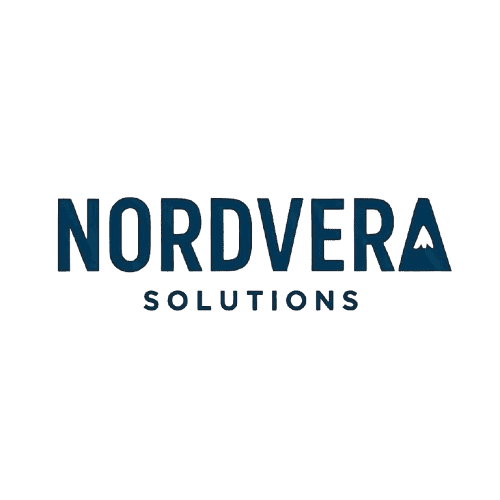Logotyp för Nordvera Solutions. Texten 'NORDVERA' i stora, blå versaler med 'SOLUTIONS' i mindre text under, på en svart bakgrund.